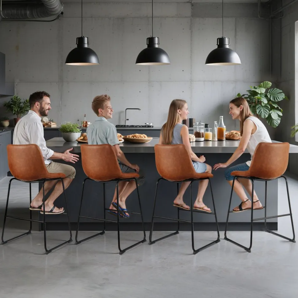 VEVOR Bar Stool Set of 4, 26 inch Counter Height Stools, Modern PU Leather Counter Barstool with Backrest, Metal Legs, Easy Assembly Armless Bar Chair, Island Barstool for Kitchen, Dining Room, Brown