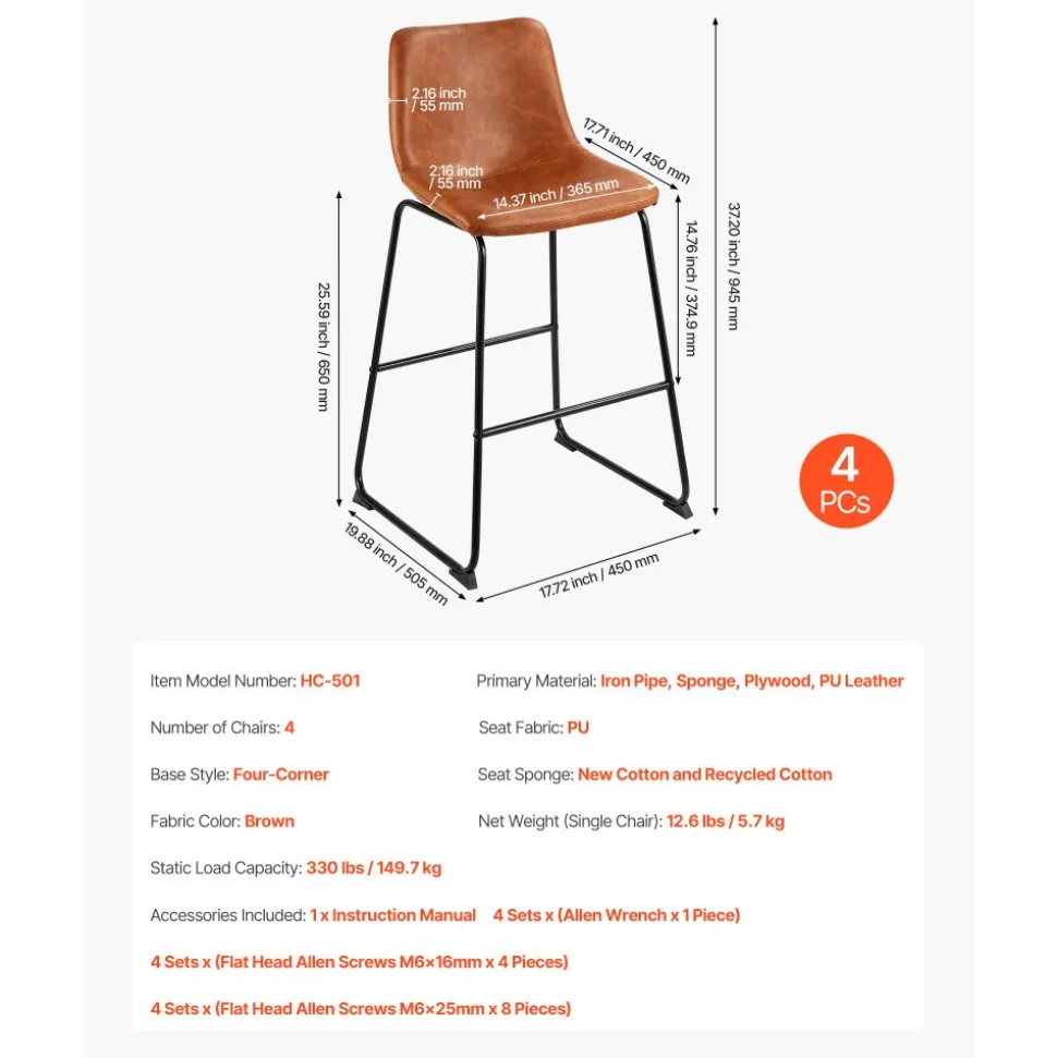 VEVOR Bar Stool Set of 4, 26 inch Counter Height Stools, Modern PU Leather Counter Barstool with Backrest, Metal Legs, Easy Assembly Armless Bar Chair, Island Barstool for Kitchen, Dining Room, Brown