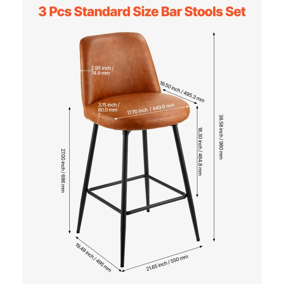 VEVOR Bar Stool Set of 4, 27 inch Counter Height Stools, Modern PU Leather Counter Barstool with Backrest, Metal Legs, Easy Assembly Armless Bar Chair, Island Barstool for Kitchen, Dining Room, Brown