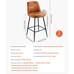 VEVOR Bar Stool Set of 4, 27 inch Counter Height Stools, Modern PU Leather Counter Barstool with Backrest, Metal Legs, Easy Assembly Armless Bar Chair, Island Barstool for Kitchen, Dining Room, Brown