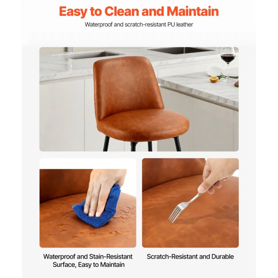 VEVOR Bar Stool Set of 4, 27 inch Counter Height Stools, Modern PU Leather Counter Barstool with Backrest, Metal Legs, Easy Assembly Armless Bar Chair, Island Barstool for Kitchen, Dining Room, Brown