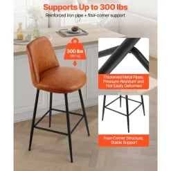 VEVOR Bar Stool Set of 4, 27 inch Counter Height Stools, Modern PU Leather Counter Barstool with Backrest, Metal Legs, Easy Assembly Armless Bar Chair, Island Barstool for Kitchen, Dining Room, Brown