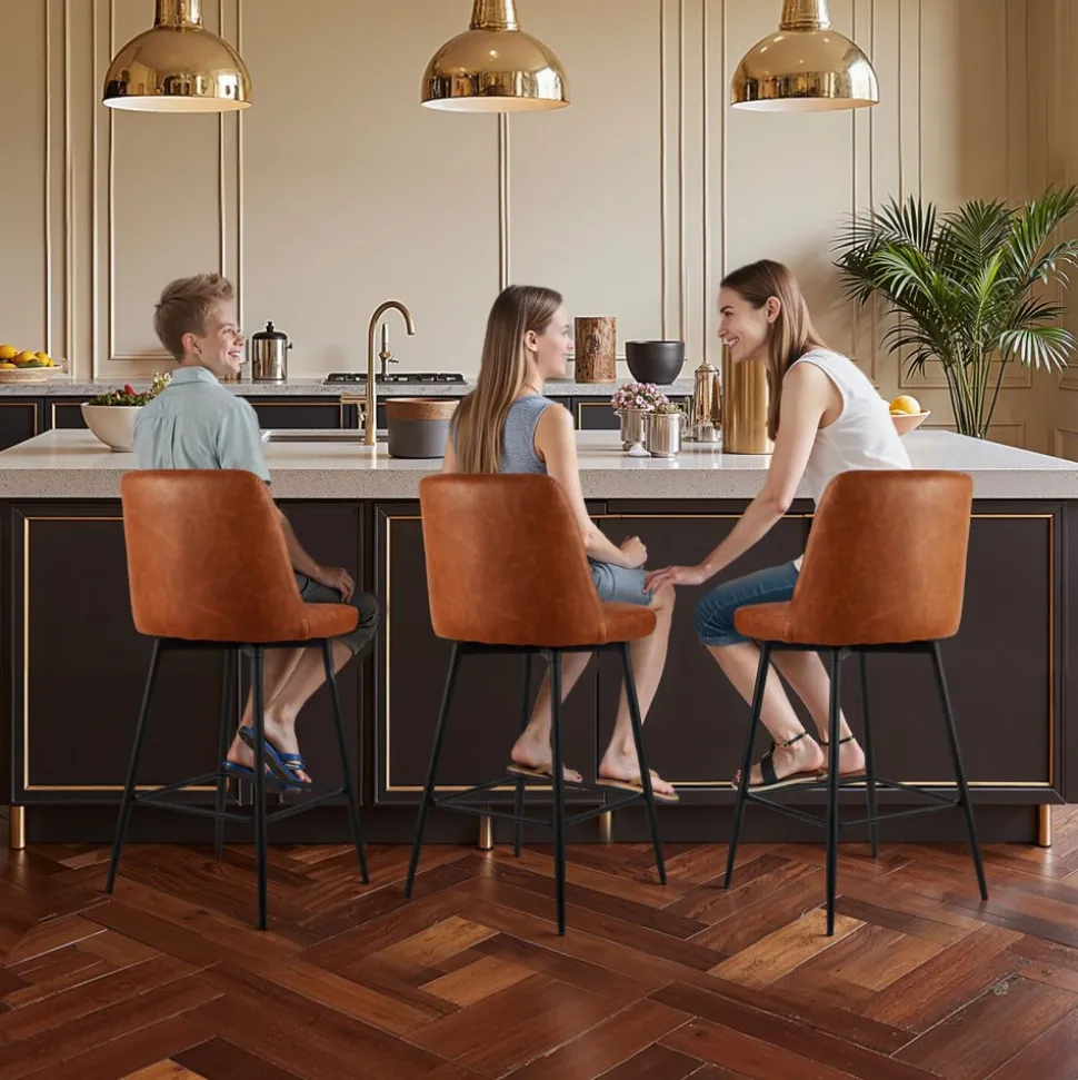 VEVOR Bar Stool Set of 4, 27 inch Counter Height Stools, Modern PU Leather Counter Barstool with Backrest, Metal Legs, Easy Assembly Armless Bar Chair, Island Barstool for Kitchen, Dining Room, Brown