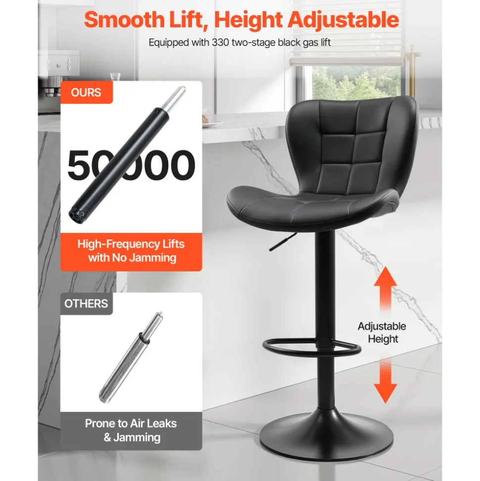 VEVOR Bar Stool Set of 2, Modern PU Leather Counter Height Stools, Swivel Kitchen Barstool with Back and Footrest, Height Adjustable Armless Bar Chair, Island Barstools for Kitchen, Dining Room, Black