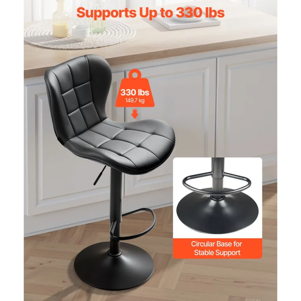 VEVOR Bar Stool Set of 2, Modern PU Leather Counter Height Stools, Swivel Kitchen Barstool with Back and Footrest, Height Adjustable Armless Bar Chair, Island Barstools for Kitchen, Dining Room, Black
