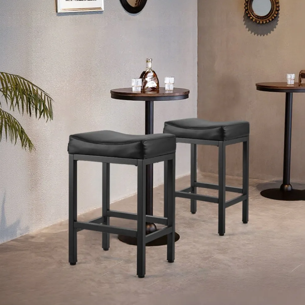 VEVOR Bar Stool Set of 2, PU Leather Counter Height Stools, 25 inch Barstool with Saddle-Seat and Metal Legs, Easy Assembly Backless Bar Chair, Island Barstools for Kitchen, Dining Room, Cafe, Black