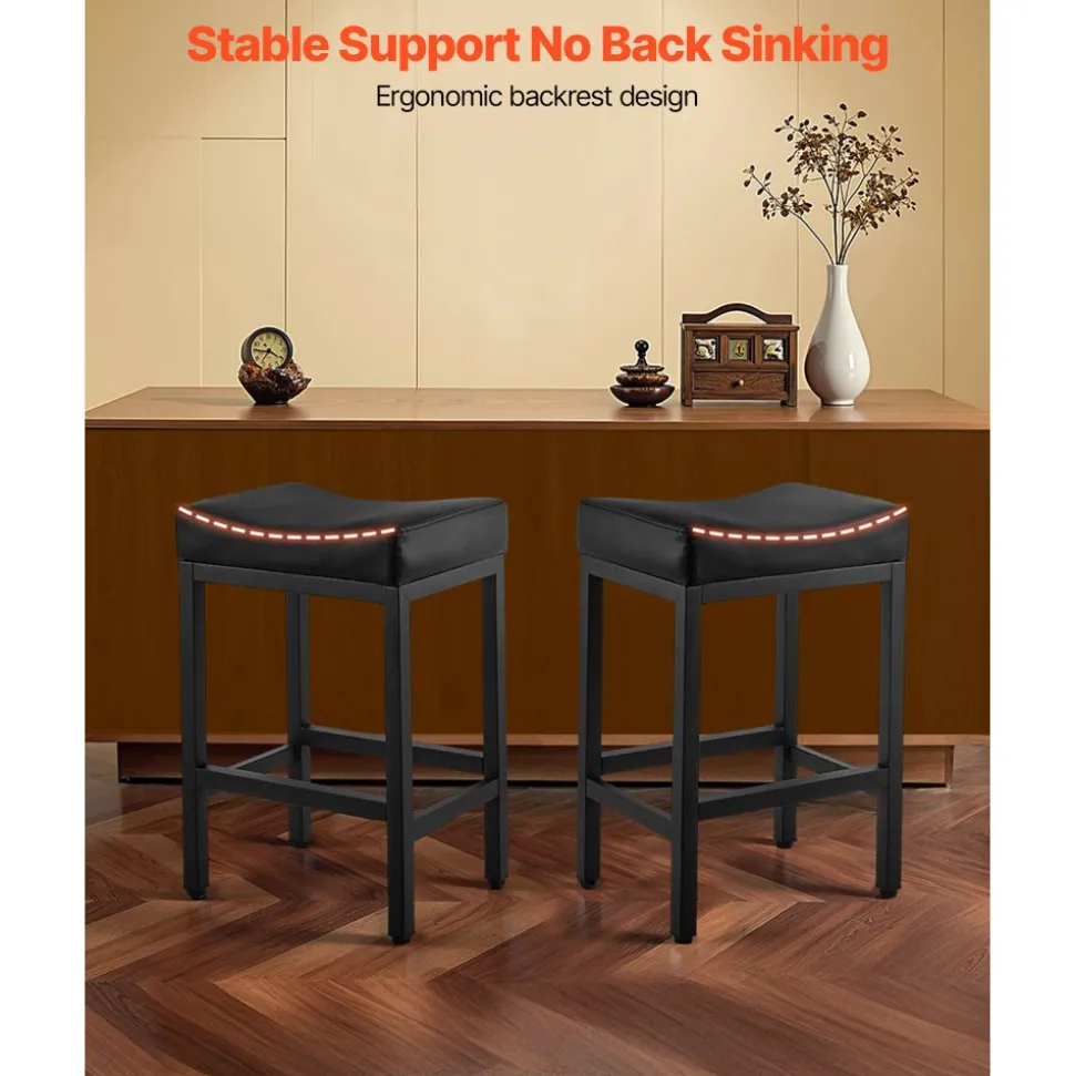 VEVOR Bar Stool Set of 2, PU Leather Counter Height Stools, 25 inch Barstool with Saddle-Seat and Metal Legs, Easy Assembly Backless Bar Chair, Island Barstools for Kitchen, Dining Room, Cafe, Black
