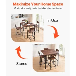 VEVOR Bar Table, 5PCS 35″ Bars Tables Set, Bar Tables and Chair Set with Rounded Edge Design, Square Pub Table with Four Stools for Living Room, Dining Room, Kitchen, Walnut Color, Black