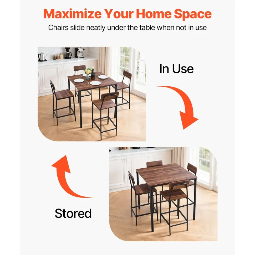 VEVOR Bar Table, 5PCS 35″ Bars Tables Set, Bar Tables and Chair Set with Rounded Edge Design, Square Pub Table with Four Stools for Living Room, Dining Room, Kitchen, Walnut Color, Black