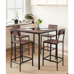 VEVOR Bar Table, 5PCS 35″ Bars Tables Set, Bar Tables and Chair Set with Rounded Edge Design, Square Pub Table with Four Stools for Living Room, Dining Room, Kitchen, Walnut Color, Black