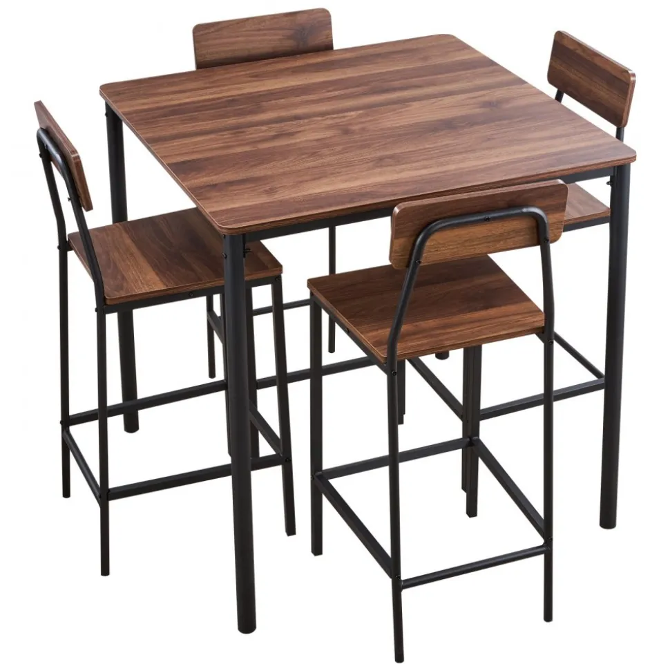 VEVOR Bar Table, 5PCS 35″ Bars Tables Set, Bar Tables and Chair Set with Rounded Edge Design, Square Pub Table with Four Stools for Living Room, Dining Room, Kitchen, Walnut Color, Black