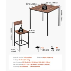VEVOR Bar Table, 5PCS 35″ Bars Tables Set, Bar Tables and Chair Set with Rounded Edge Design, Square Pub Table with Four Stools for Living Room, Dining Room, Kitchen, Walnut Color, Black