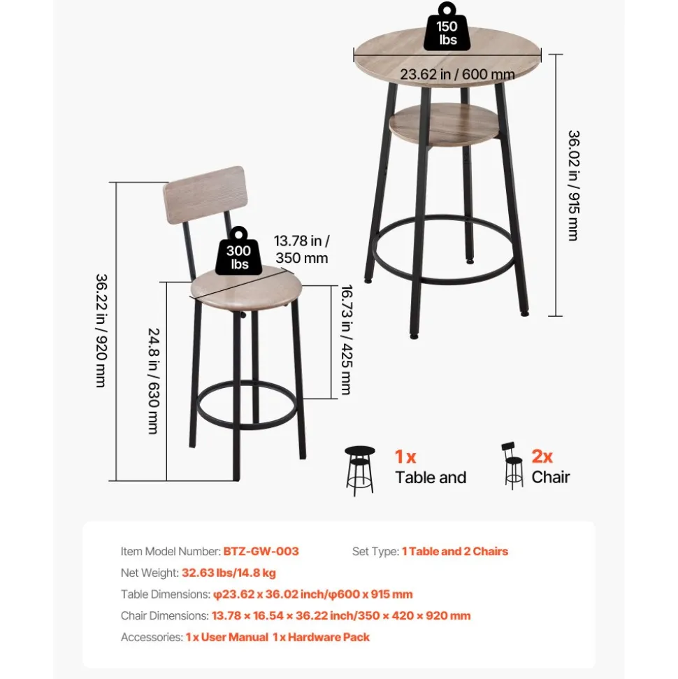 VEVOR Bar Table, 3PCS 23.5″ Bars Tables Set, Bar Tables and Chair Set with Rounded Corner Design, Round Pub Table with Two Stools for Office Desk, Breakfast Corner, Mini Bars, Light Gray, Black