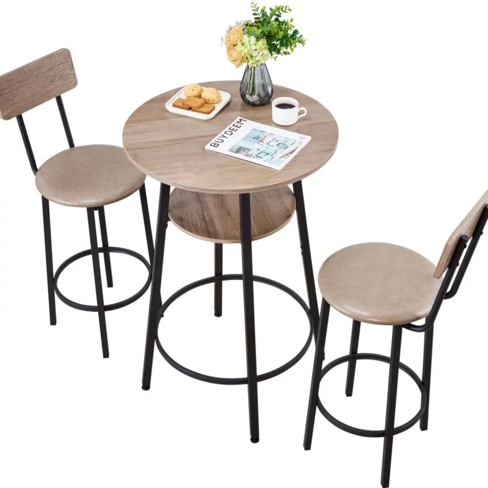 VEVOR Bar Table, 3PCS 23.5″ Bars Tables Set, Bar Tables and Chair Set with Rounded Corner Design, Round Pub Table with Two Stools for Office Desk, Breakfast Corner, Mini Bars, Light Gray, Black