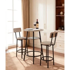 VEVOR Bar Table, 3PCS 23.5″ Bars Tables Set, Bar Tables and Chair Set with Rounded Corner Design, Round Pub Table with Two Stools for Office Desk, Breakfast Corner, Mini Bars, Light Gray, Black