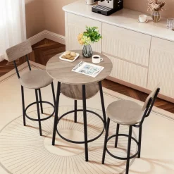 VEVOR Bar Table, 3PCS 23.5″ Bars Tables Set, Bar Tables and Chair Set with Rounded Corner Design, Round Pub Table with Two Stools for Office Desk, Breakfast Corner, Mini Bars, Light Gray, Black