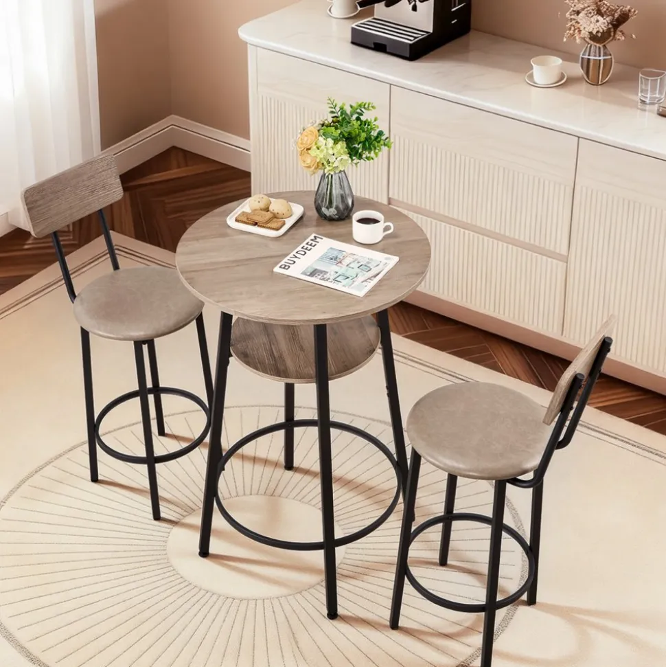 VEVOR Bar Table, 3PCS 23.5″ Bars Tables Set, Bar Tables and Chair Set with Rounded Corner Design, Round Pub Table with Two Stools for Office Desk, Breakfast Corner, Mini Bars, Light Gray, Black
