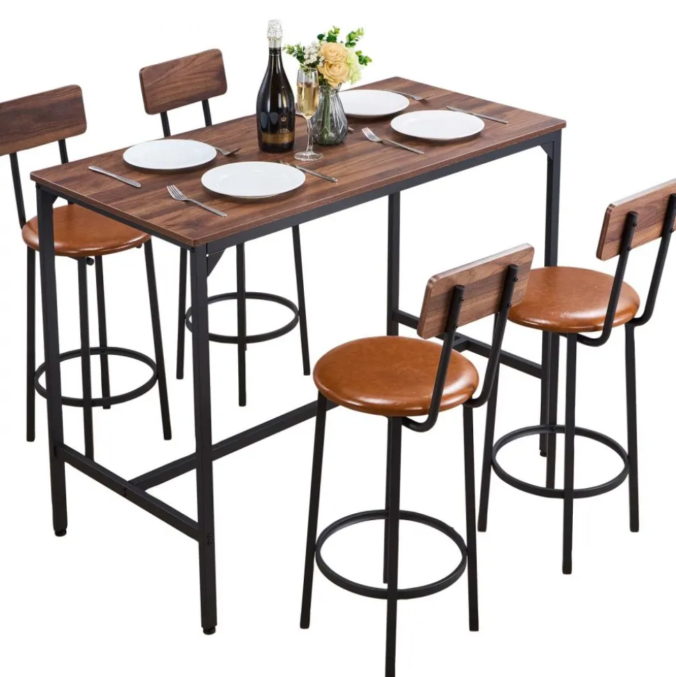 VEVOR Bar Table, 5PCS 47″ Bars Tables Set, Bar Tables and Chair Set with Rounded Edge Design, Rectangular Pub Table with Four Stools for Living Room, Dining Room, Kitchen, Walnut Color, Black