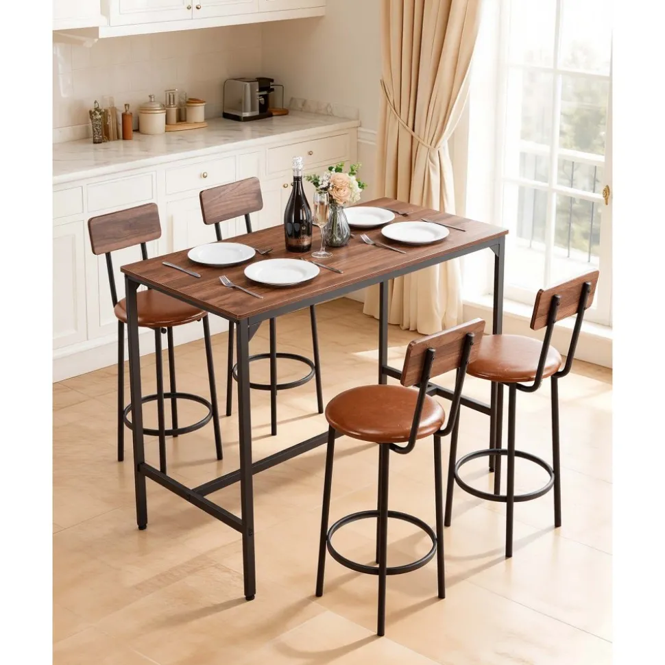 VEVOR Bar Table, 5PCS 47″ Bars Tables Set, Bar Tables and Chair Set with Rounded Edge Design, Rectangular Pub Table with Four Stools for Living Room, Dining Room, Kitchen, Walnut Color, Black