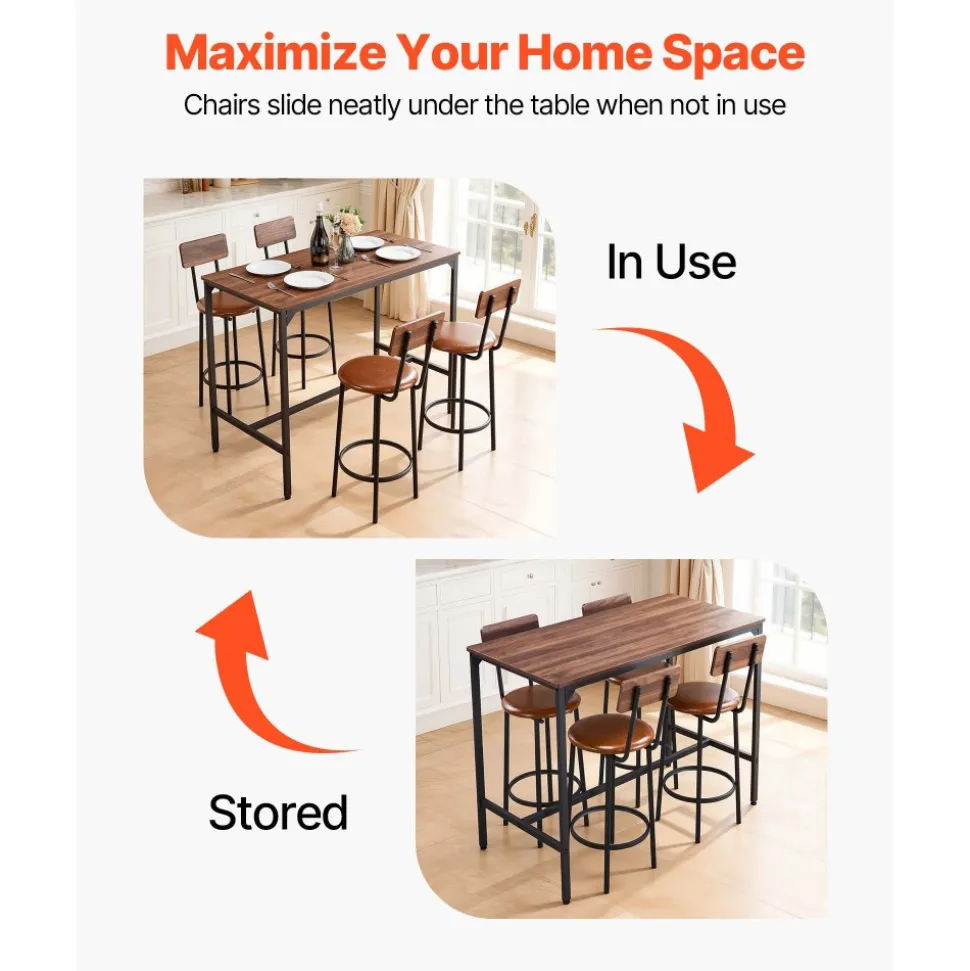 VEVOR Bar Table, 5PCS 47″ Bars Tables Set, Bar Tables and Chair Set with Rounded Edge Design, Rectangular Pub Table with Four Stools for Living Room, Dining Room, Kitchen, Walnut Color, Black