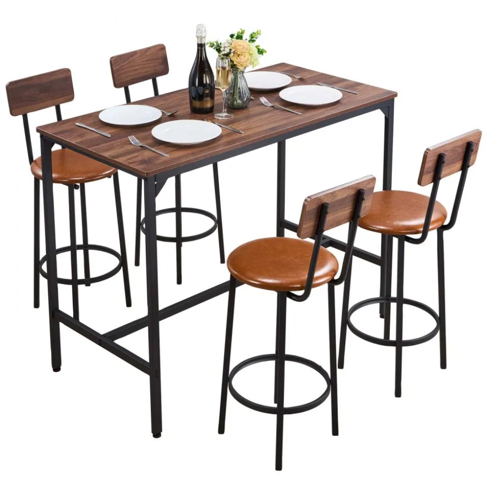 VEVOR Bar Table, 5PCS 47″ Bars Tables Set, Bar Tables and Chair Set with Rounded Edge Design, Rectangular Pub Table with Four Stools for Living Room, Dining Room, Kitchen, Walnut Color, Black