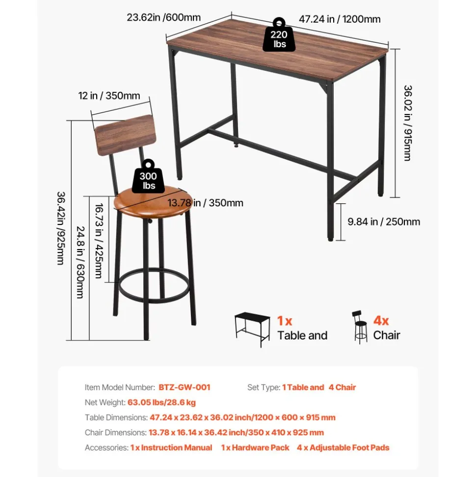 VEVOR Bar Table, 5PCS 47″ Bars Tables Set, Bar Tables and Chair Set with Rounded Edge Design, Rectangular Pub Table with Four Stools for Living Room, Dining Room, Kitchen, Walnut Color, Black