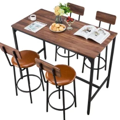 VEVOR Bar Table, 5PCS 47″ Bars Tables Set, Bar Tables and Chair Set with Rounded Edge Design, Rectangular Pub Table with Four Stools for Living Room, Dining Room, Kitchen, Walnut Color, Black