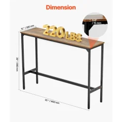 VEVOR Bar Table, Sturdy Metal Frame High Top Pub Table, Narrow Long Kitchen Dining, Cocktail Counter Bar Height Desk, Easy to Assemble, 55x15x39 in, for Living Room Party, Rustic Brown and Black