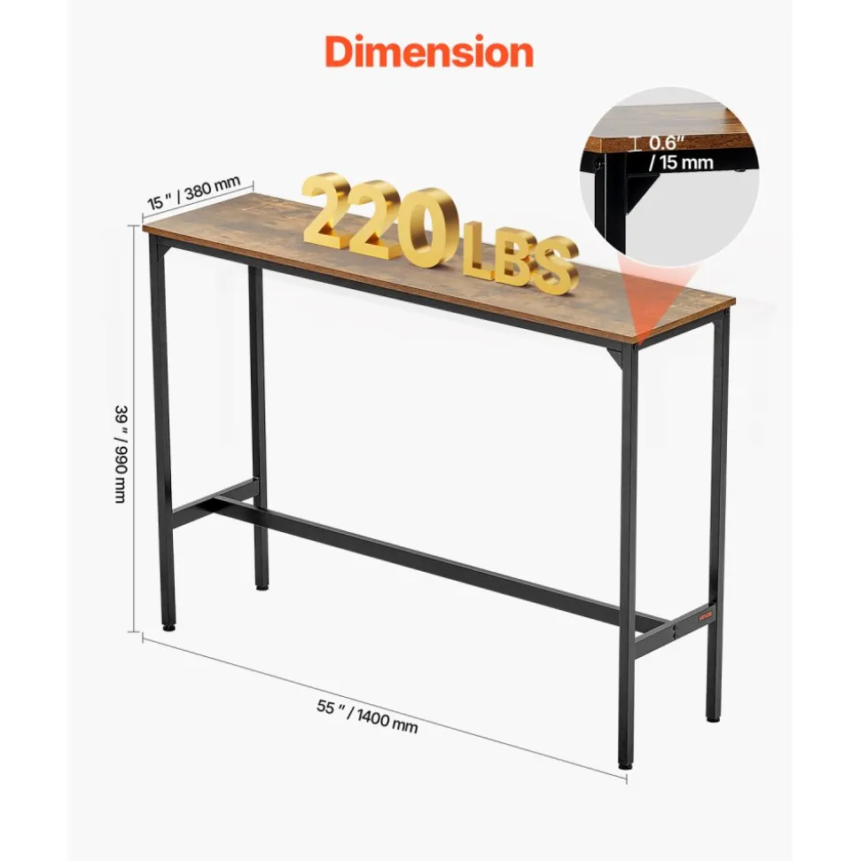 VEVOR Bar Table, Sturdy Metal Frame High Top Pub Table, Narrow Long Kitchen Dining, Cocktail Counter Bar Height Desk, Easy to Assemble, 55x15x39 in, for Living Room Party, Rustic Brown and Black