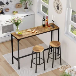 VEVOR Bar Table, Sturdy Metal Frame High Top Pub Table, Narrow Long Kitchen Dining, Cocktail Counter Bar Height Desk, Easy to Assemble, 55x15x39 in, for Living Room Party, Rustic Brown and Black