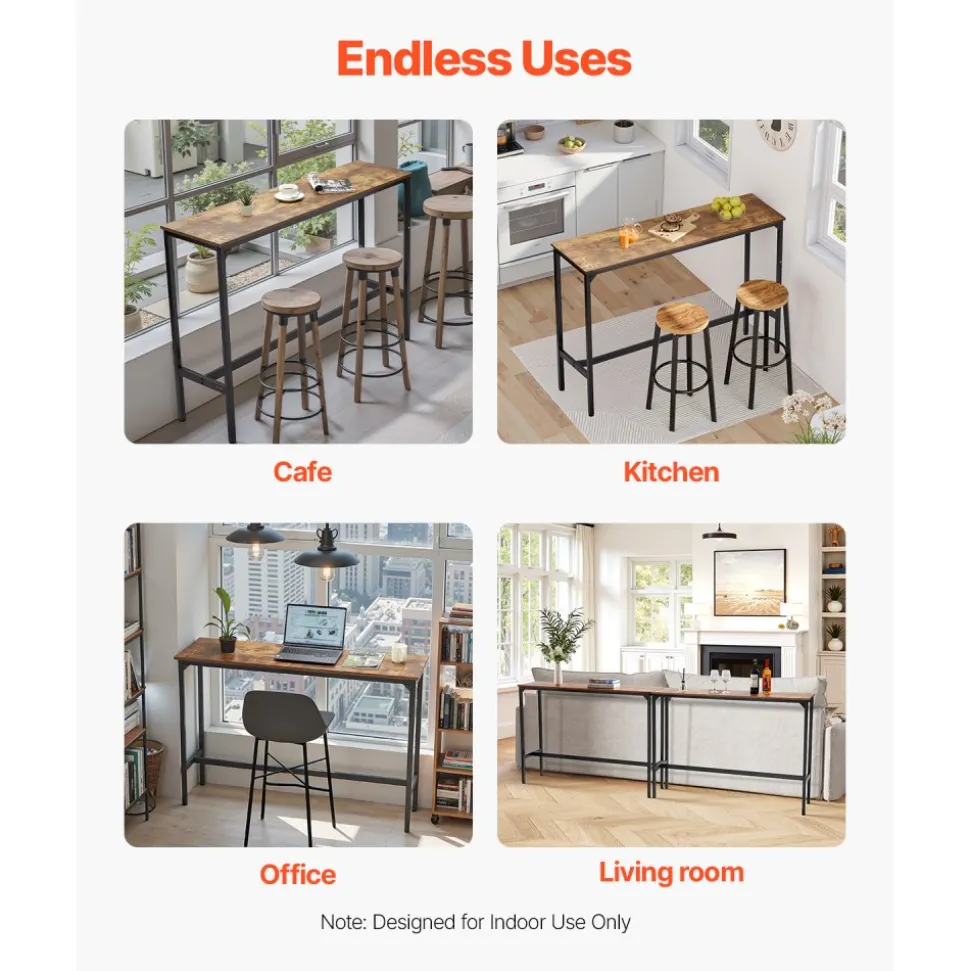 VEVOR Bar Table, Sturdy Metal Frame High Top Pub Table, Narrow Long Kitchen Dining, Cocktail Counter Bar Height Desk, Easy to Assemble, 55x15x39 in, for Living Room Party, Rustic Brown and Black