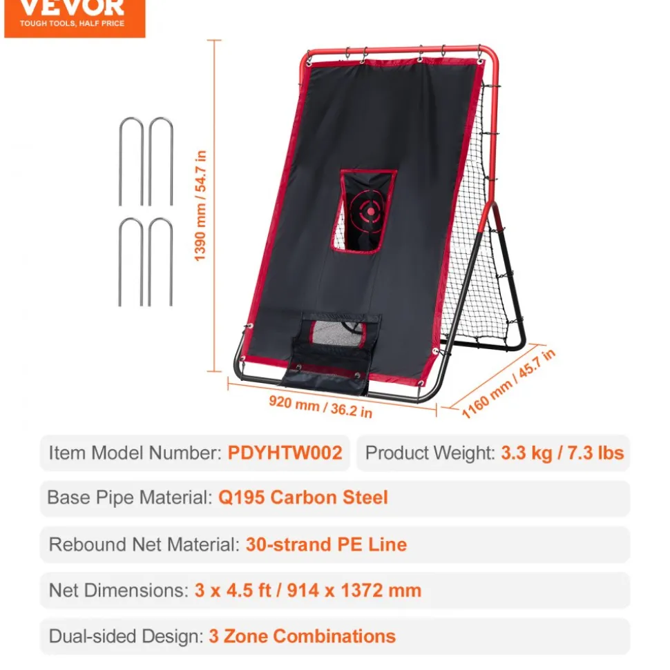 VEVOR Baseball And Softball Rebounder Net, 3.5 x 4.5 ft 2-in-1 Switch Hitter Pitch Trainer, PitchBack Baseball Pitching Return Trainer Nest, Bounce Back Net for Fielding/Throwing Practice