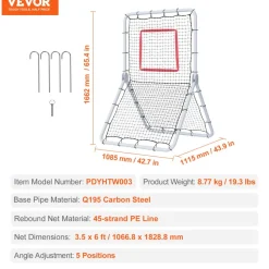VEVOR Baseball And Softball Rebounder Net, 3.5 x 6 ft PitchBack Baseball Pitching Nest, Softball Pitchback Net, Fielding Trainer, Bounce Back Net for Fielding/Throwing Practice, 5 Adjustable Angles