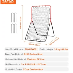 VEVOR Baseball And Softball Rebounder Net, 3 x 4.5 ft PitchBack Baseball Pitching Nest, 3-Way Baseball, Softball Pitchback Net, Fielding Trainer, Bounce Back Net for Fielding/Throwing Practice