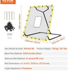 VEVOR Baseball And Softball Rebounder Net, 4 x 4.5 Feet PitchBack Baseball Nest for Pitching and Fielding Training, Pitch Return Trainer Rebound Net with Pitching Target, 4 Adjustable Angles