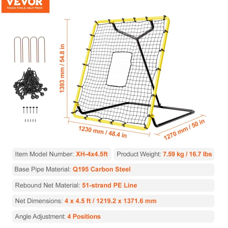 VEVOR Baseball And Softball Rebounder Net, 4 x 4.5 Feet PitchBack Baseball Nest for Pitching and Fielding Training, Pitch Return Trainer Rebound Net with Pitching Target, 4 Adjustable Angles