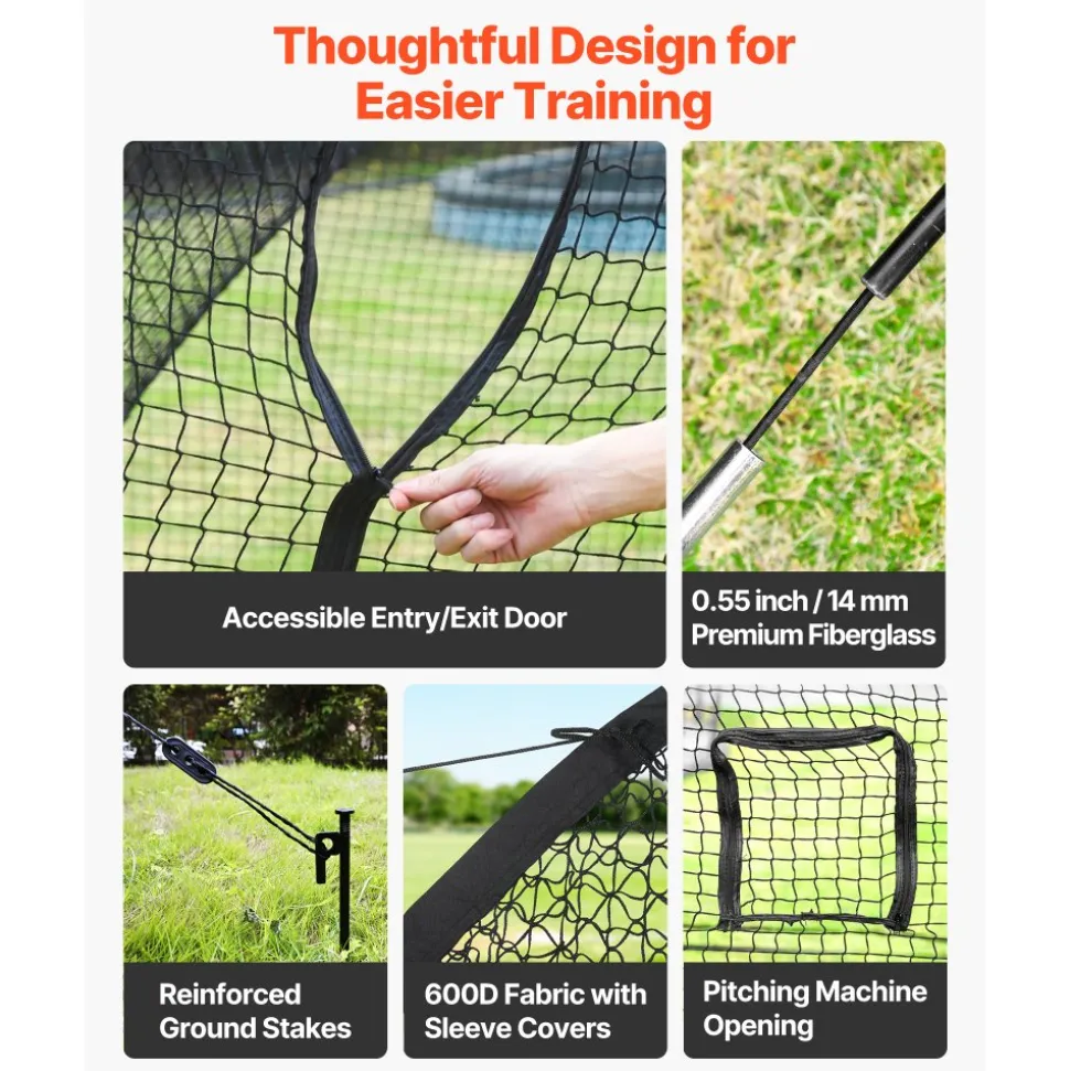 VEVOR Baseball Batting Cage, 40.0 x 12.1 x 10.0 FT Freestanding Portable Batting Cage, Hitting Cages with 4-Ply Knotless Polyester & Pitching Machine Opening, Battings Cages Netting for Indoor Outdoor