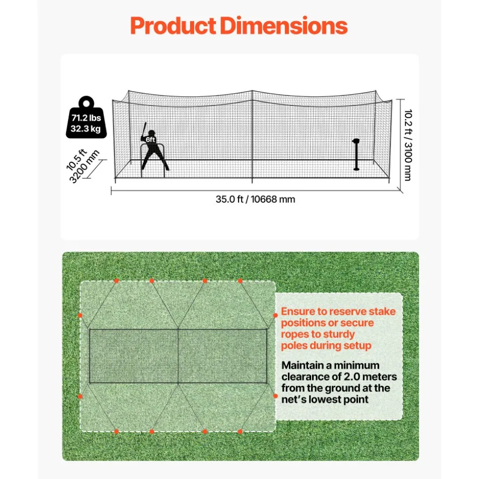 VEVOR Baseball Batting Cage, 35.0 x 10.5 x 10.2 FT Freestanding Portable Batting Cage, Hitting Cages with 45-Ply Knotted HDPE & Long Positioning Ropes, Battings Cages Netting for Indoor Outdoor