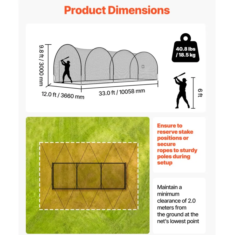 VEVOR Baseball Batting Cage, 33.0 x 12.0 x 9.8 FT Freestanding Portable Batting Cage, Hitting Cages with 4-Ply Knotless Polyester & Pitching Machine Opening, Battings Cages Netting for Indoor Outdoor