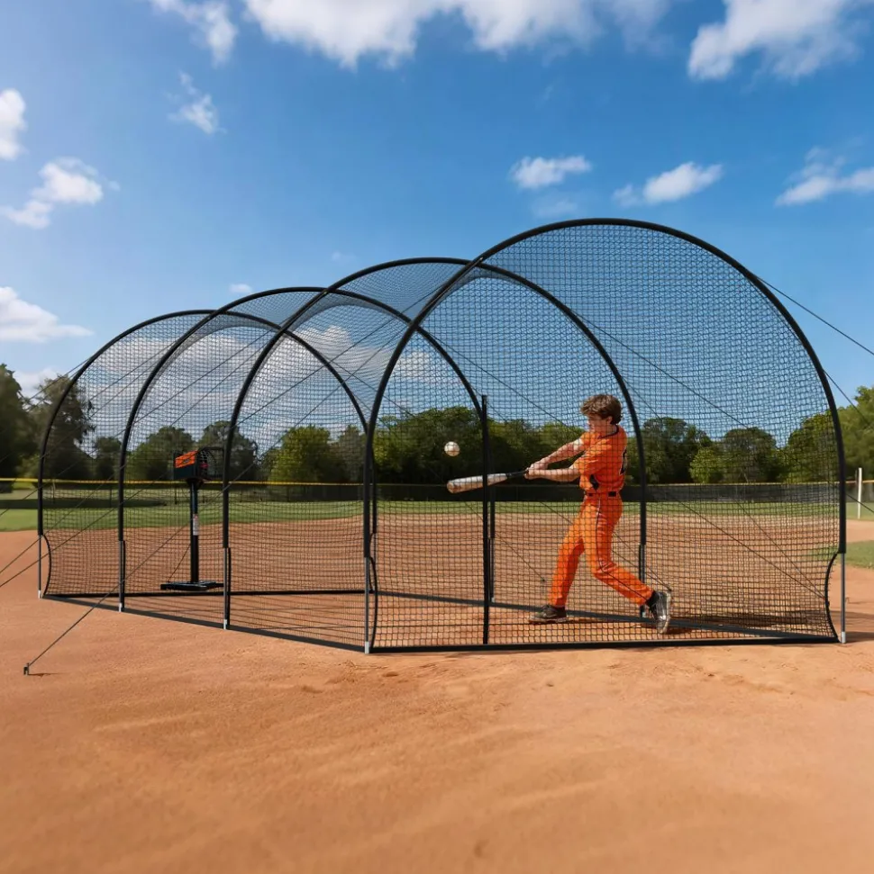 VEVOR Baseball Batting Cage, 33.0 x 12.0 x 9.8 FT Freestanding Portable Batting Cage, Hitting Cages with 4-Ply Knotless Polyester & Pitching Machine Opening, Battings Cages Netting for Indoor Outdoor