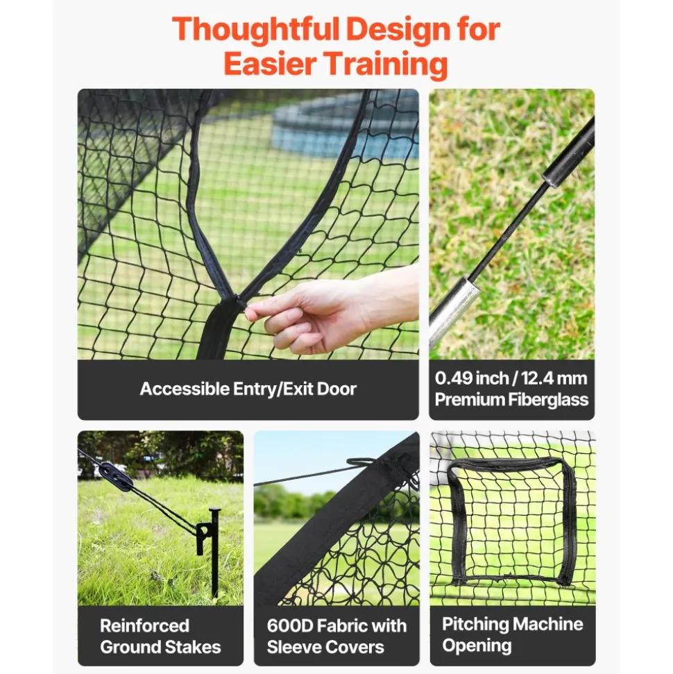 VEVOR Baseball Batting Cage, 12.0 x 10.2 x 7.6 FT Freestanding Portable Batting Cage, Hitting Cages with 4-Ply Knotless Polyester & Pitching Machine Opening, Battings Cages Netting for Indoor Outdoor