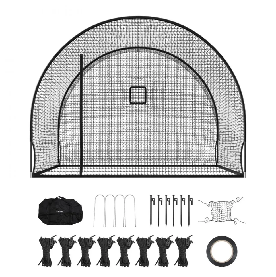 VEVOR Baseball Batting Cage, 12.0 x 10.2 x 7.6 FT Freestanding Portable Batting Cage, Hitting Cages with 4-Ply Knotless Polyester & Pitching Machine Opening, Battings Cages Netting for Indoor Outdoor