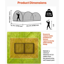 VEVOR Baseball Batting Cage, 22.2 x 12.1 x 7.9 FT Freestanding Portable Batting Cage, Hitting Cages with 4-Ply Knotless Polyester & Pitching Machine Opening, Battings Cages Netting for Indoor Outdoor