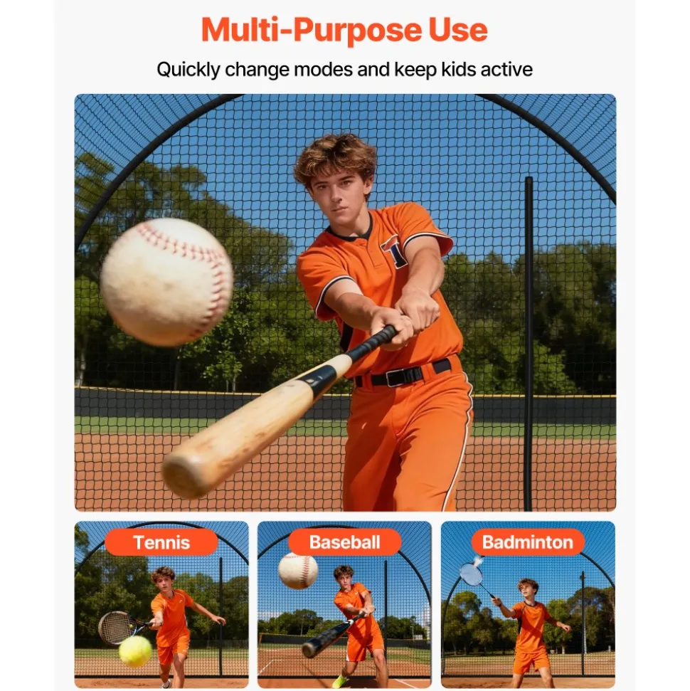 VEVOR Baseball Batting Cage, 22.2 x 12.1 x 7.9 FT Freestanding Portable Batting Cage, Hitting Cages with 4-Ply Knotless Polyester & Pitching Machine Opening, Battings Cages Netting for Indoor Outdoor