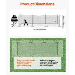 VEVOR Baseball Batting Cage, 39.4 x 12.1 x 10.2 FT Freestanding Portable Batting Cage, Hitting Cages with 45-Ply Knotted HDPE & Long Positioning Ropes, Battings Cages Netting for Indoor Outdoor