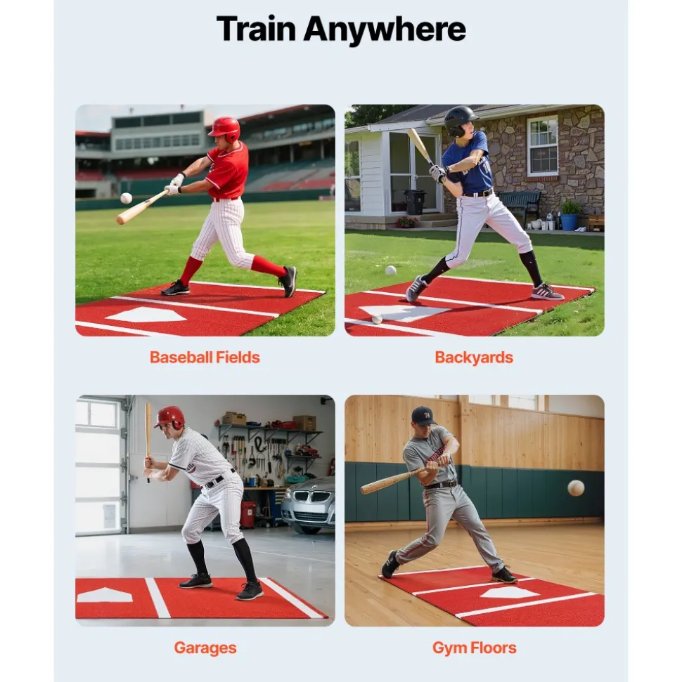 VEVOR Baseball Hitting Mat, 10x3.8 ft Batting Cage Mat, Batters Box Turf Mats, Softball Batting Practice Equipment with Home Plate and Anti Fade Turf, Portable Training Aid for Indoor Outdoor, Red