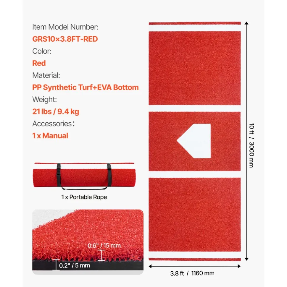VEVOR Baseball Hitting Mat, 10x3.8 ft Batting Cage Mat, Batters Box Turf Mats, Softball Batting Practice Equipment with Home Plate and Anti Fade Turf, Portable Training Aid for Indoor Outdoor, Red