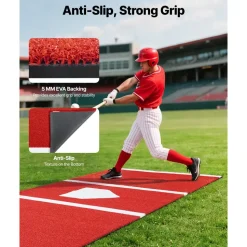 VEVOR Baseball Hitting Mat, 10x3.8 ft Batting Cage Mat, Batters Box Turf Mats, Softball Batting Practice Equipment with Home Plate and Anti Fade Turf, Portable Training Aid for Indoor Outdoor, Red