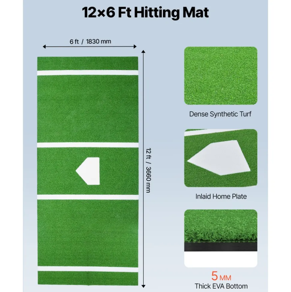 VEVOR Baseball Hitting Mat, 12x6 ft Batting Cage Mat, Batters Box Turf Mats, Softball Batting Practice Equipment with Home Plate and Anti Fade Turf, Portable Training Aid for Indoor Outdoor, Green