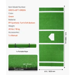 VEVOR Baseball Hitting Mat, 12x6 ft Batting Cage Mat, Batters Box Turf Mats, Softball Batting Practice Equipment with Home Plate and Anti Fade Turf, Portable Training Aid for Indoor Outdoor, Green